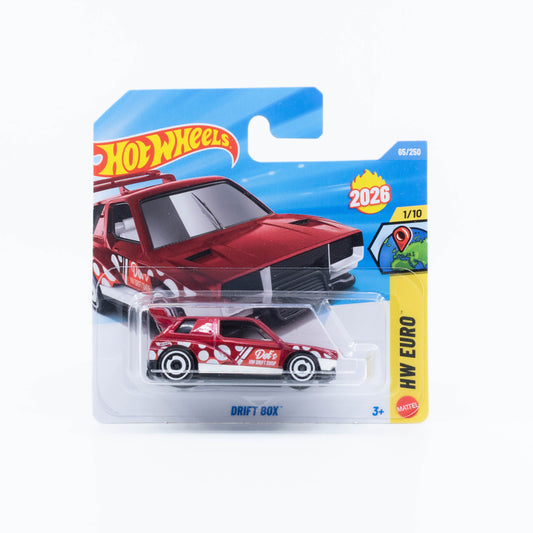 Hot Wheels 1:64 Drift Box red new basic hatchback with DOT drift-style graphics.