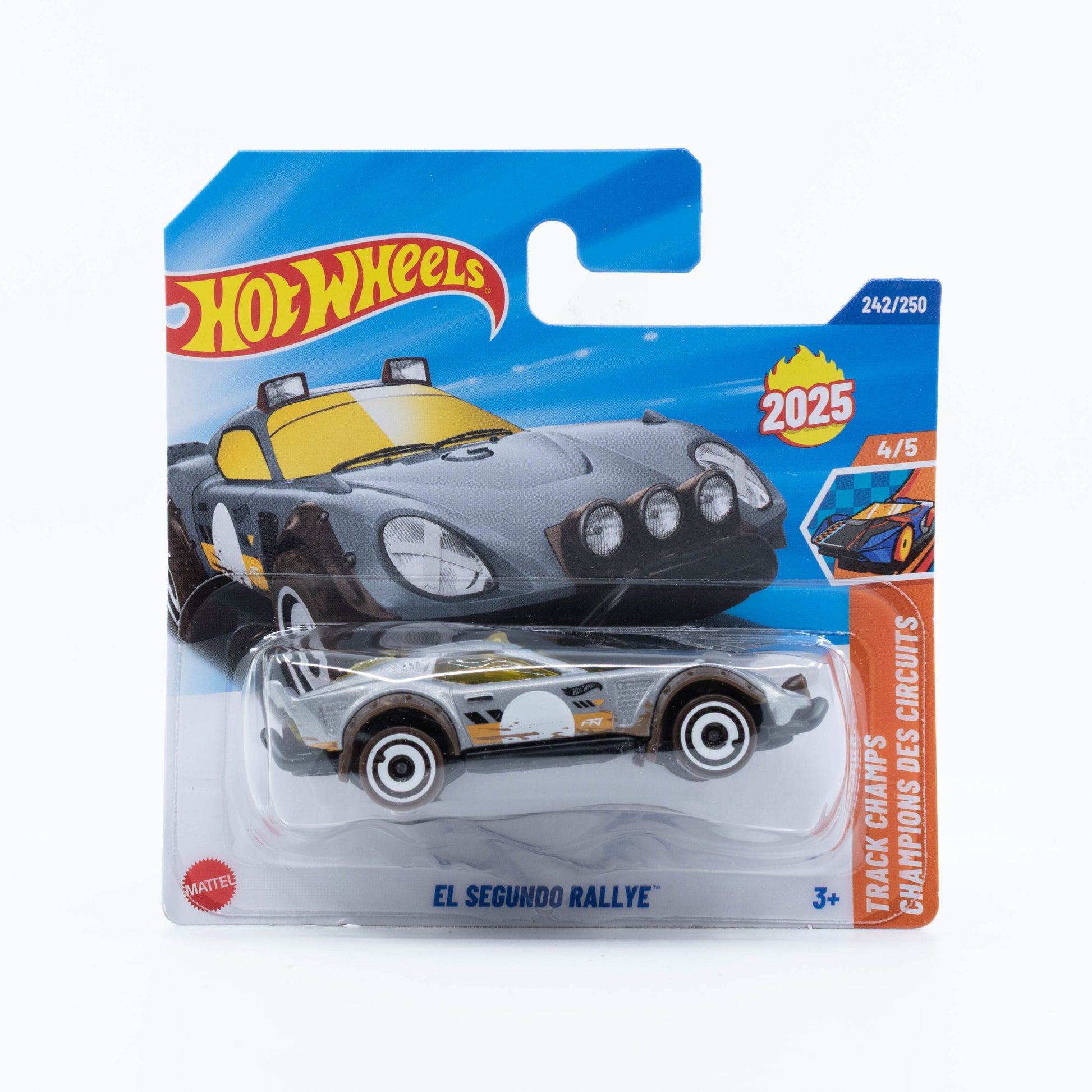 Hot Wheels El Segundo Rallye diecast car with rally-inspired decals and off-road styling.