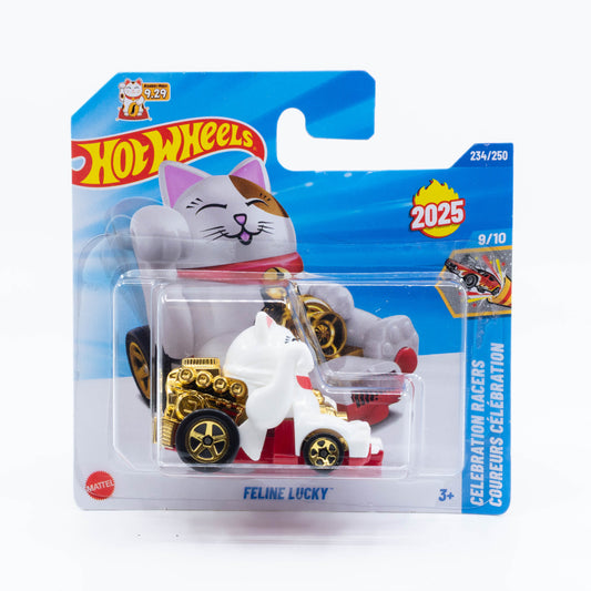 Hot Wheels Feline Lucky diecast car model in 1:64 scale inspired by Chinese lucky cat with moving waving paw