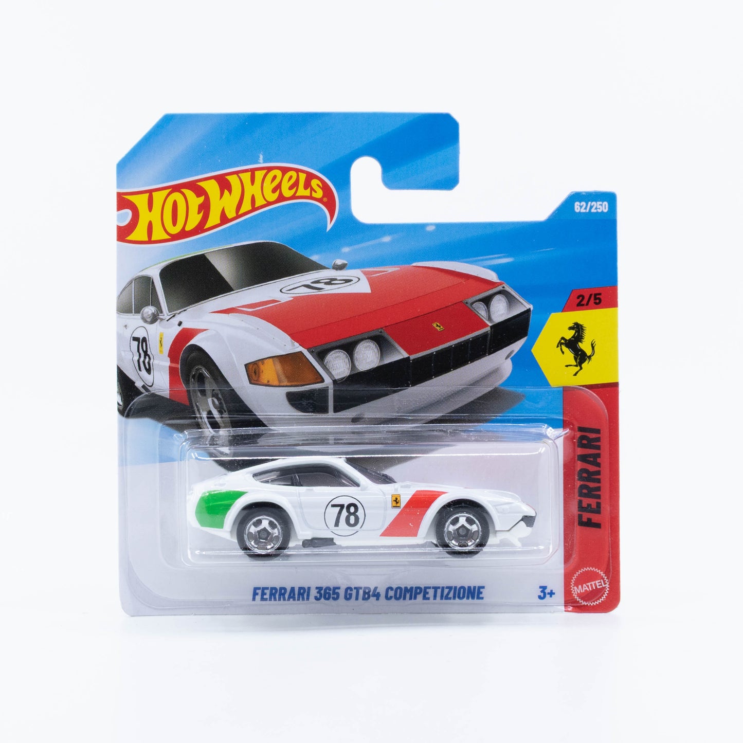 Hot Wheels Ferrari 365 GTB4 Competizione in white with Italian-inspired racing stripes.