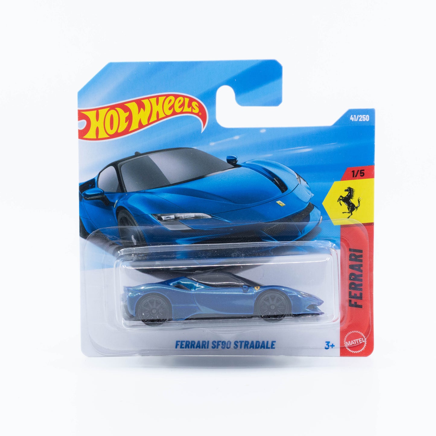 Hot Wheels 1:64 Ferrari SF90 Stradale dark blue hybrid supercar die-cast model.
