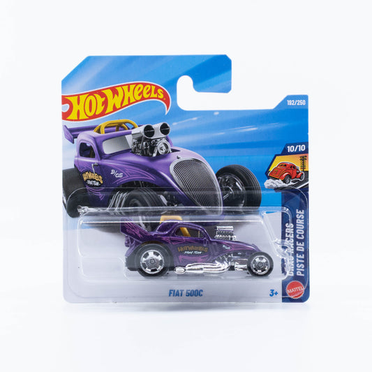 Hot Wheels Fiat 500C Topolino dragster in purple with exposed engine and rear wing.