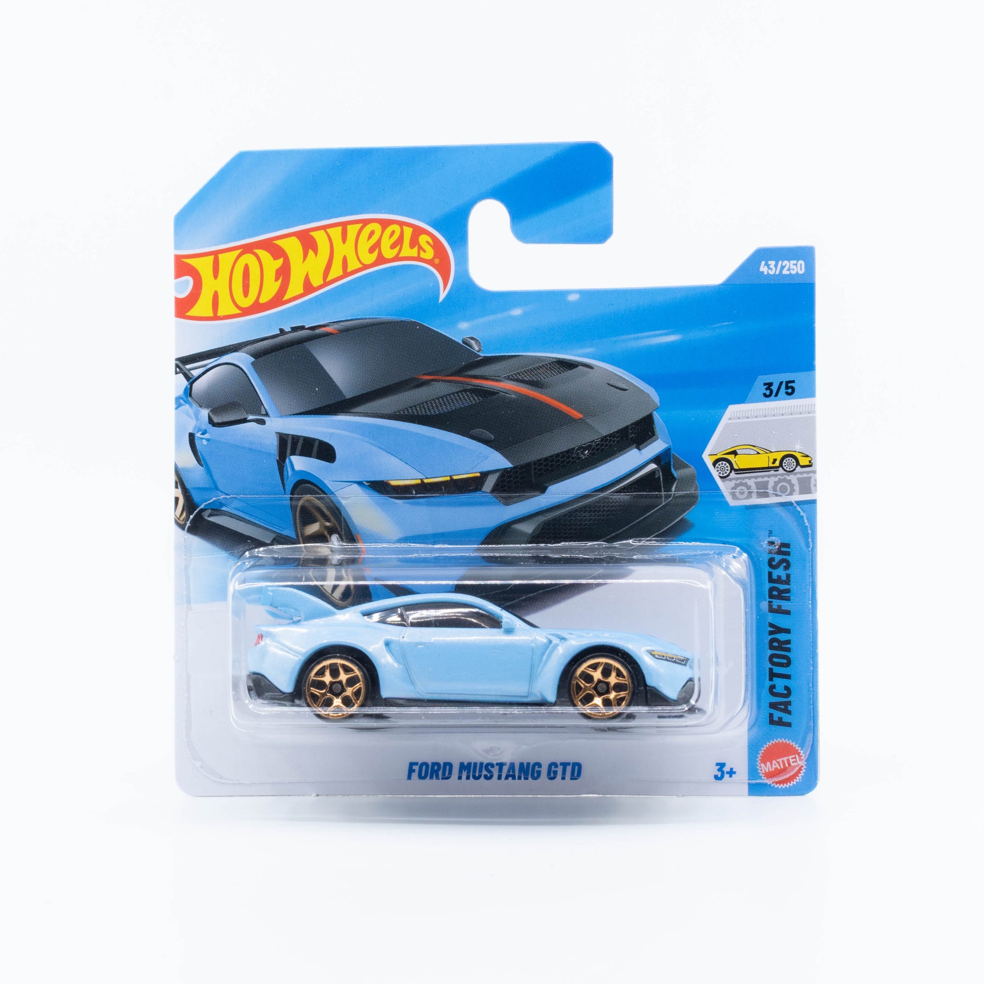 Hot Wheels 1:64 Ford Mustang GTD blue with black center stripe and red accents.