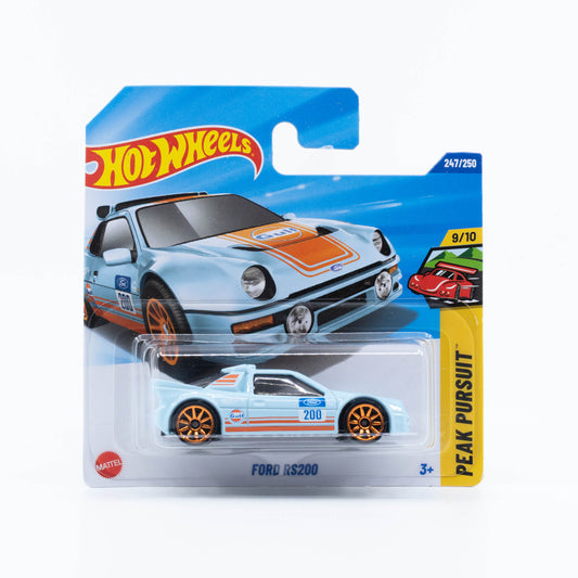 Hot Wheels Ford RS200 diecast car in Gulf rally livery, 1:64 scale collectible.
