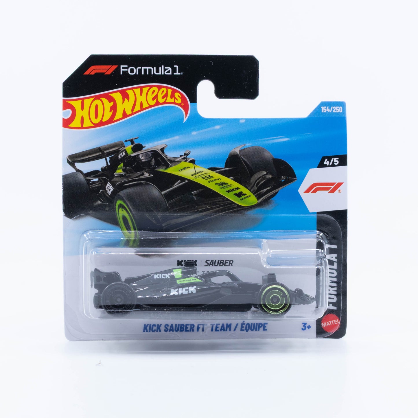 Hot Wheels KICK Sauber Formula 1 race car based on the team's 2025 livery.