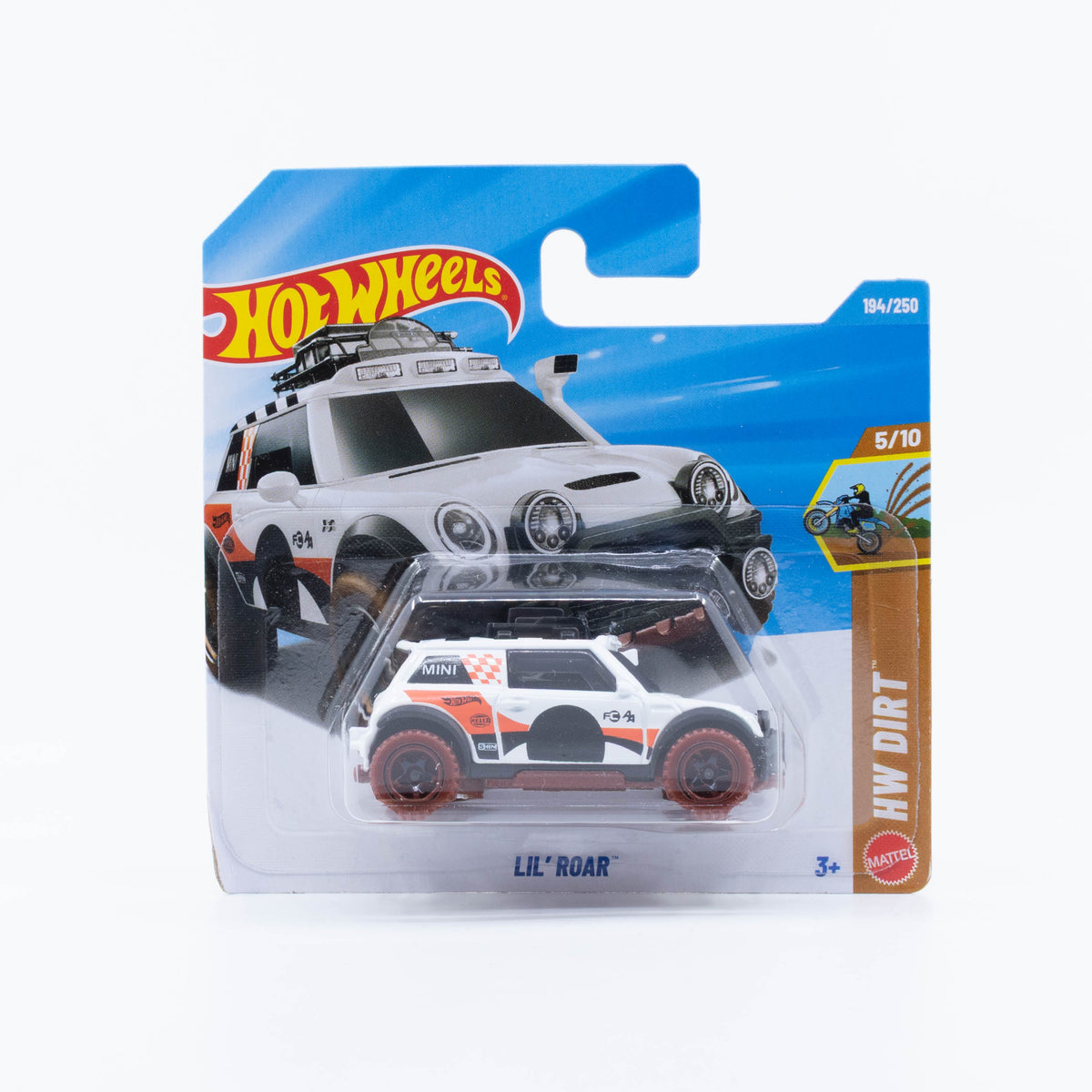 Hot Wheels Lil' Roar customized 2003 Mini Cooper off-road vehicle in white.