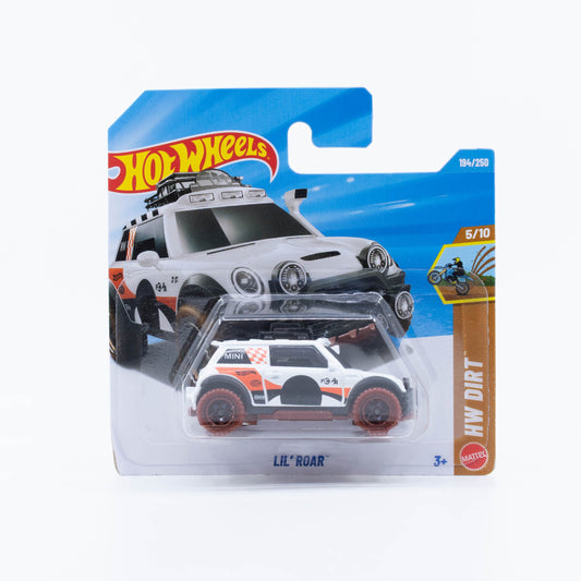 Hot Wheels Lil' Roar customized 2003 Mini Cooper off-road vehicle in white.