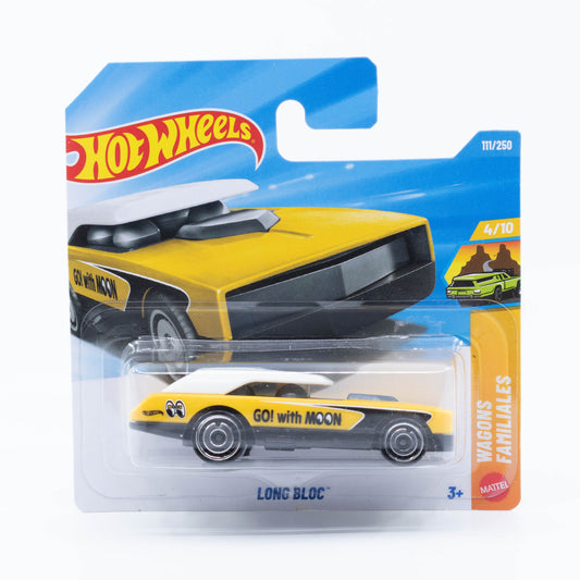Hot Wheels 1:64 Long Bloc yellow Mooneyes livery wooden style racer diecast car