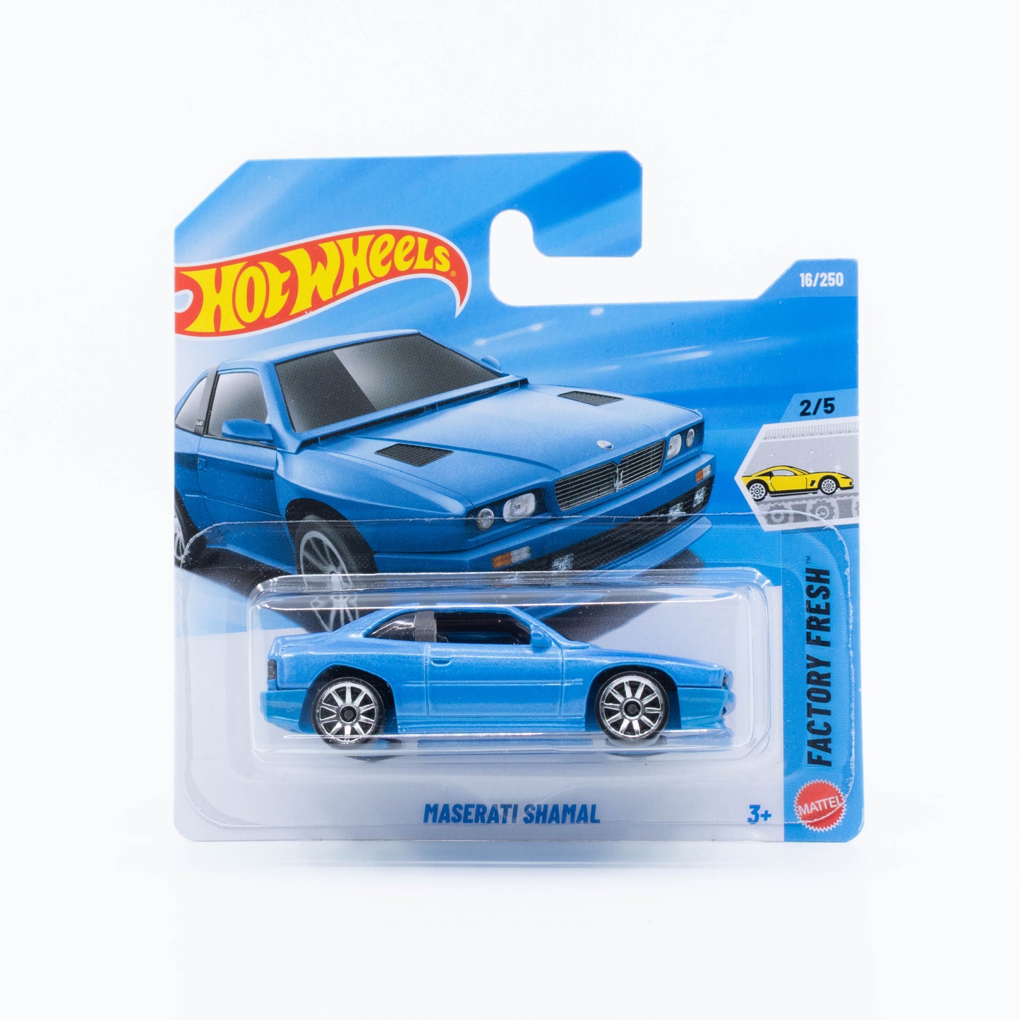 Hot Wheels 1:64 Maserati Shamal blue basic mainline Italian GT die-cast model.