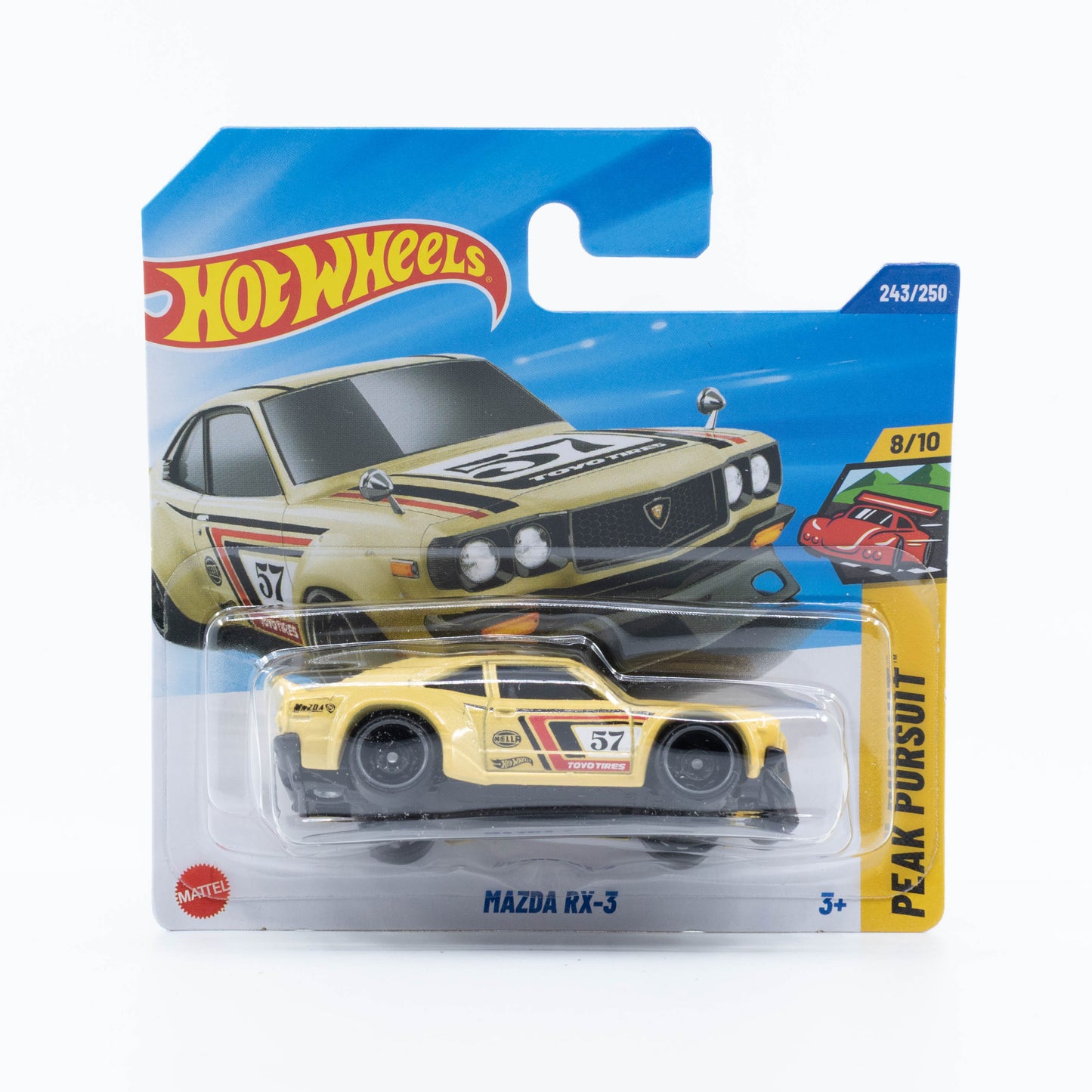 Hot Wheels Mazda RX-3 diecast car in pale yellow racing livery with #57 and Toyo Tires decals.