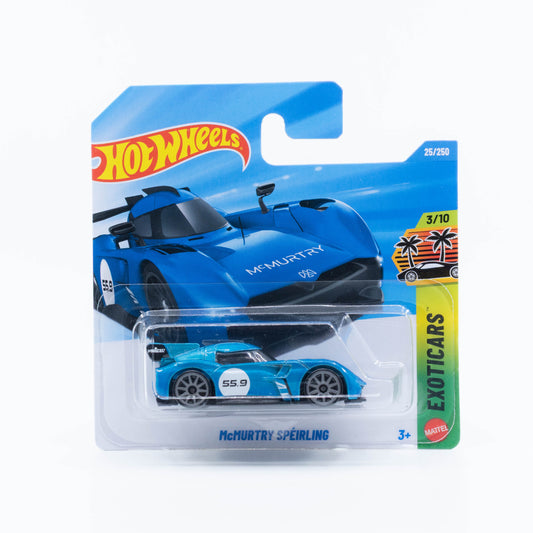 Hot Wheels 1:64 McMurtry Spéirling blue electric fan-car hypercar die-cast model.