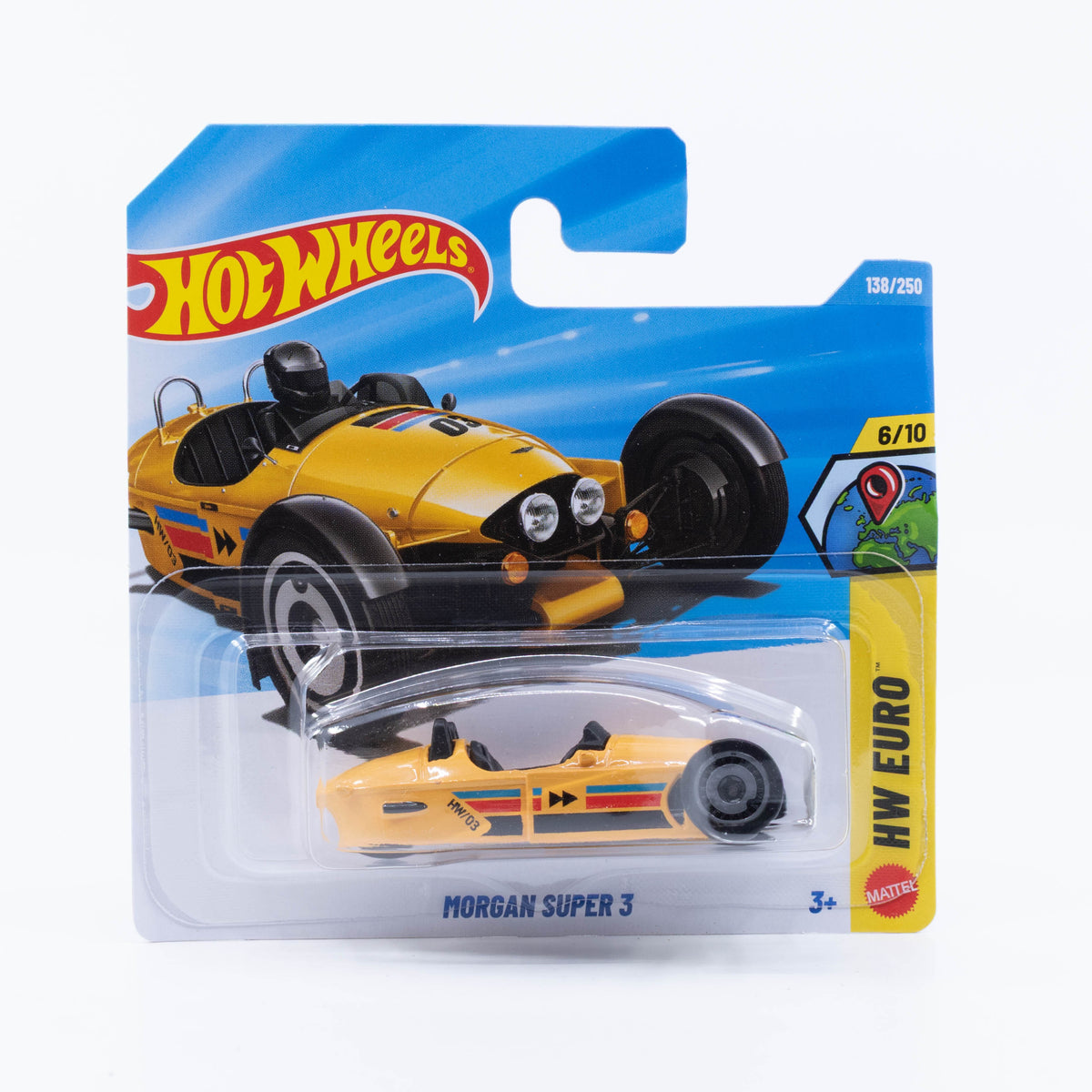 Hot Wheels Morgan Super 3 three-wheeled British sports car in detailed 1:64 scale.