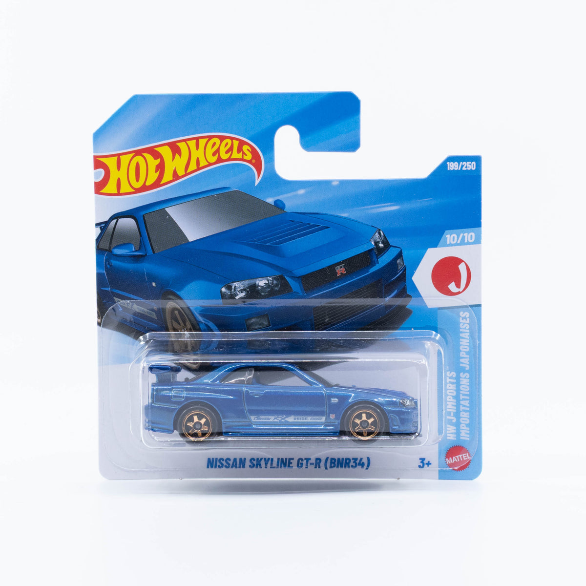 Hot Wheels Nissan Skyline GT-R BNR34 in blue.