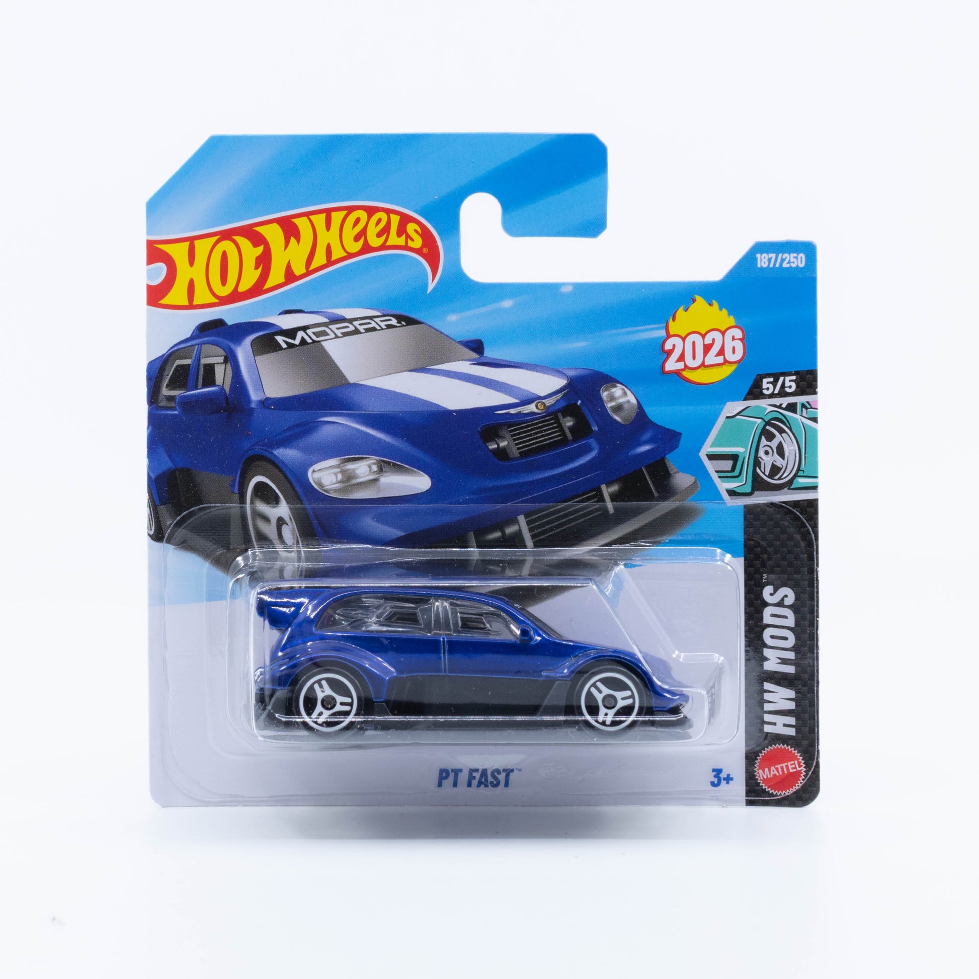 Hot Wheels PT Fast in blue, a custom PT Cruiser-inspired casting from the 2026 Basic Line.