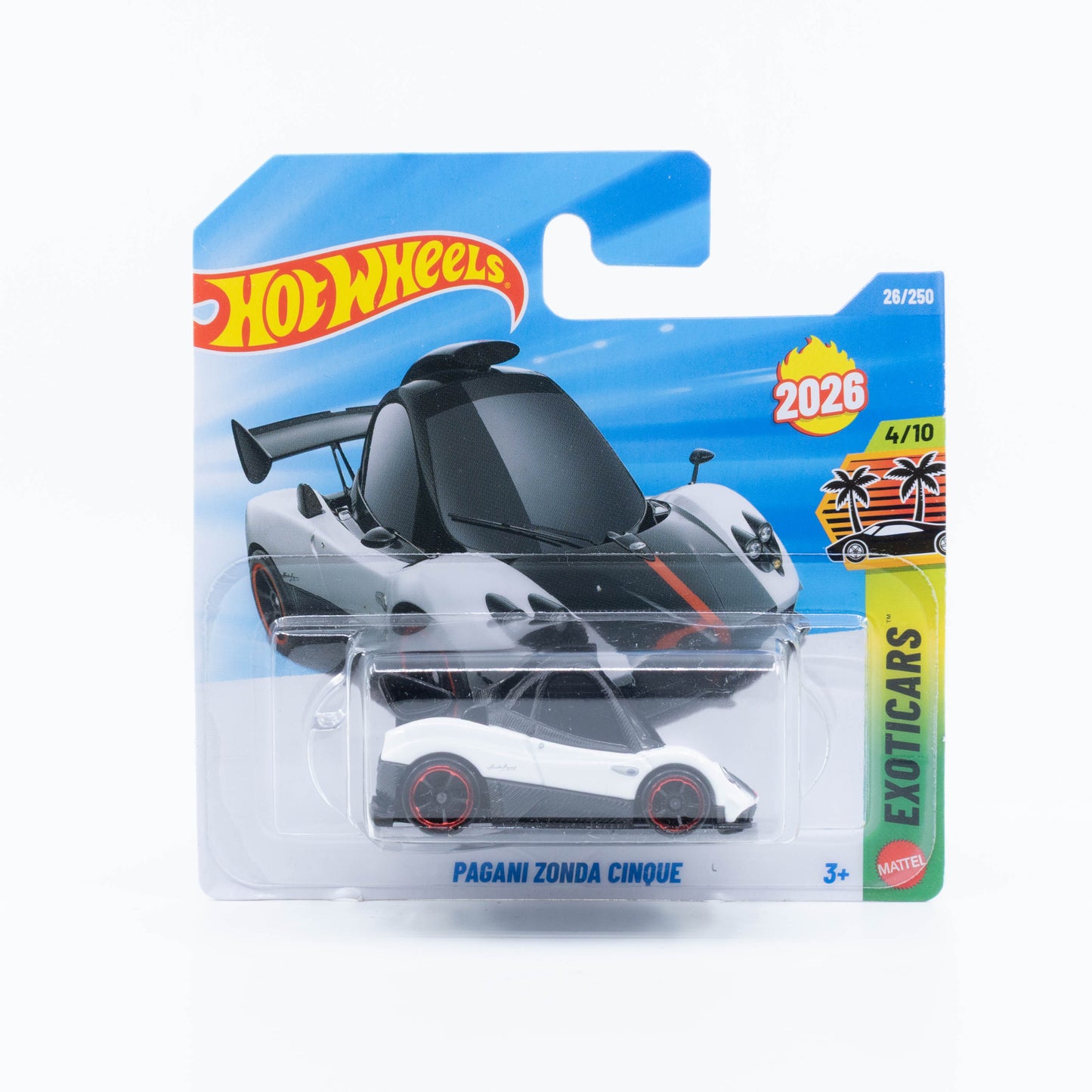 Hot Wheels 1:64 Pagani Zonda Cinque Tooned white with carbon fiber style roof.