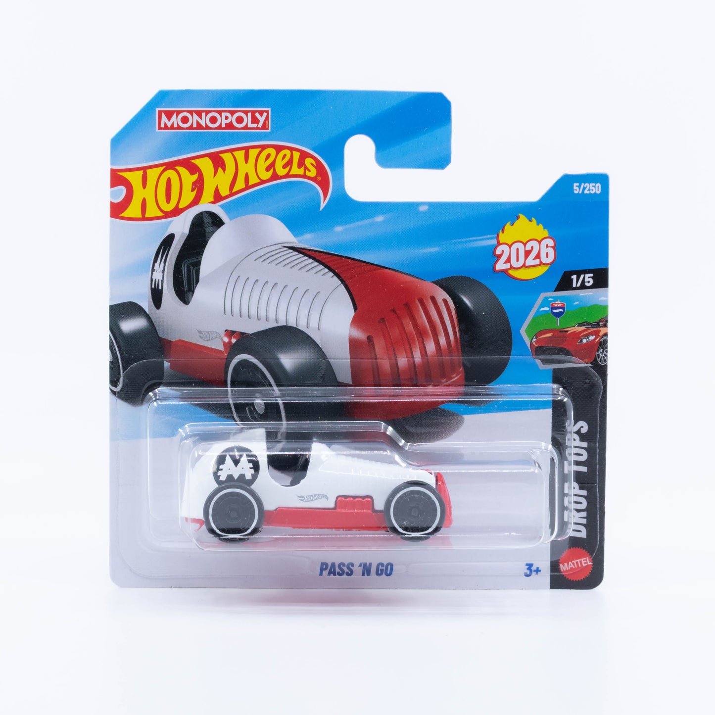 Hot Wheels Pass 'N Go in white and red inspired by the classic Monopoly car token.