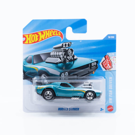 Hot Wheels 1:64 Rodger Dodger green classic muscle fantasy car with exposed blown engine.