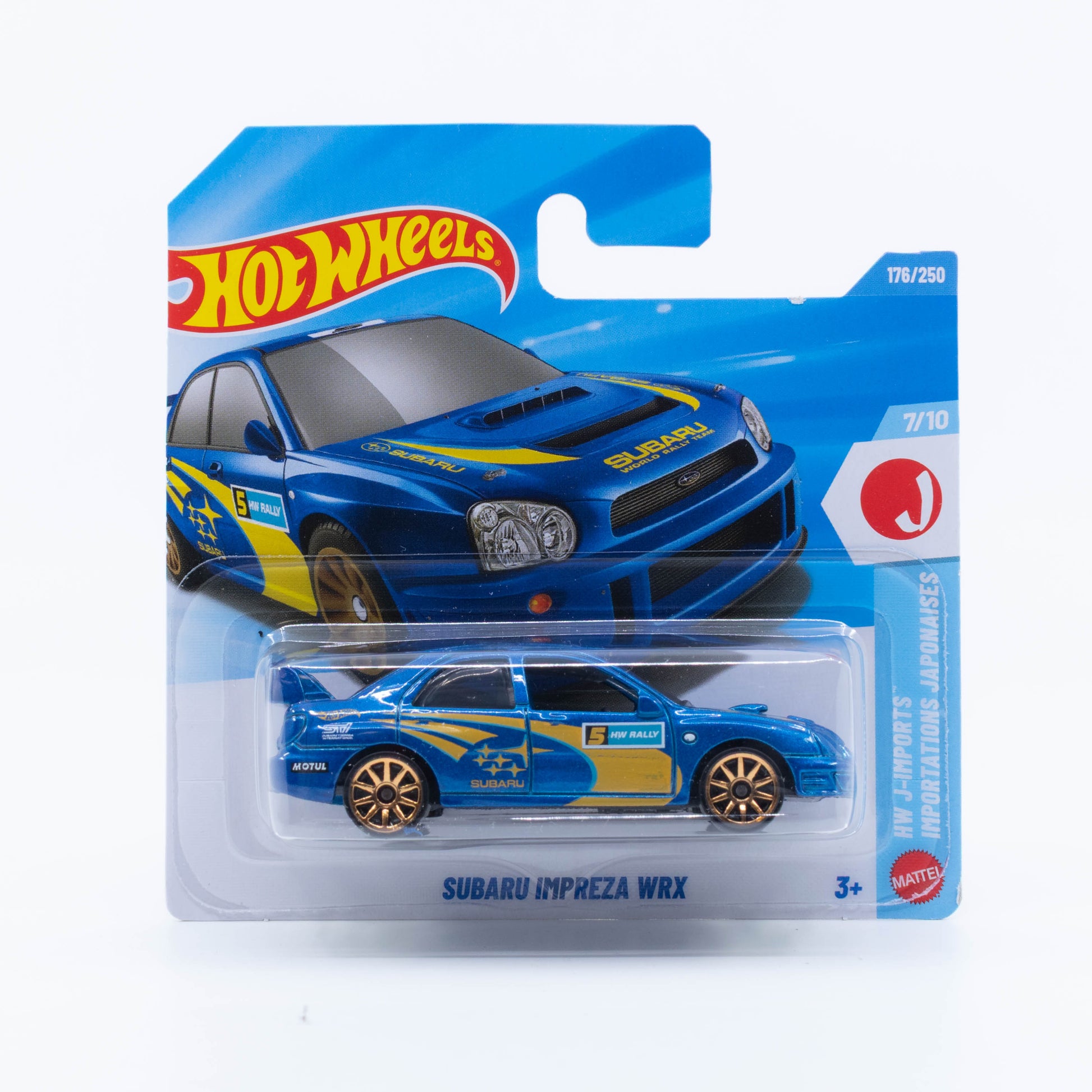 Hot Wheels Subaru Impreza WRX in the iconic blue and gold Subaru rally livery.