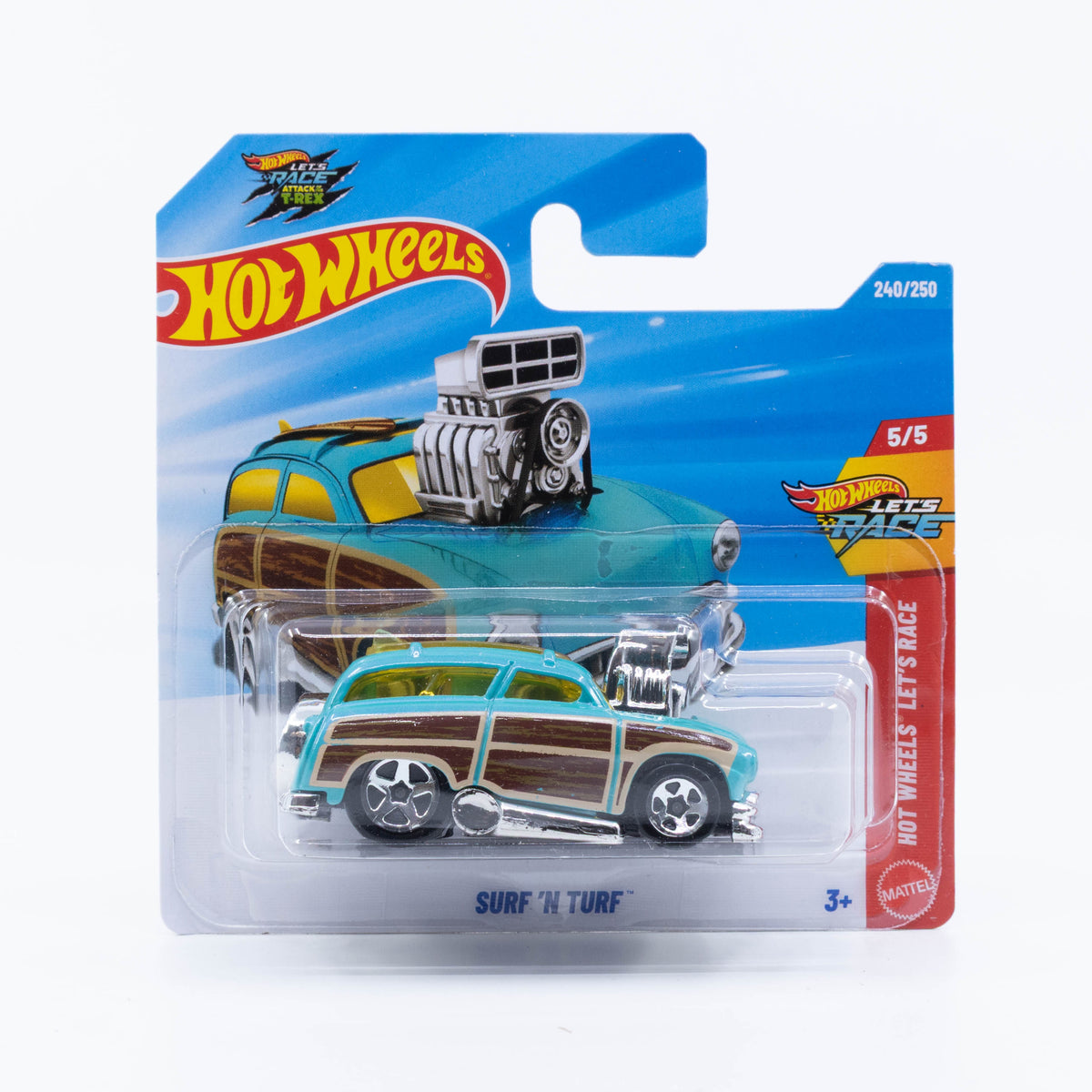 Hot Wheels Surf 'N Turf 1:64 Tooned-style woody wagon with a blown engine, sidepipes, roof-mounted surfboard, spare tire, and ukulele.