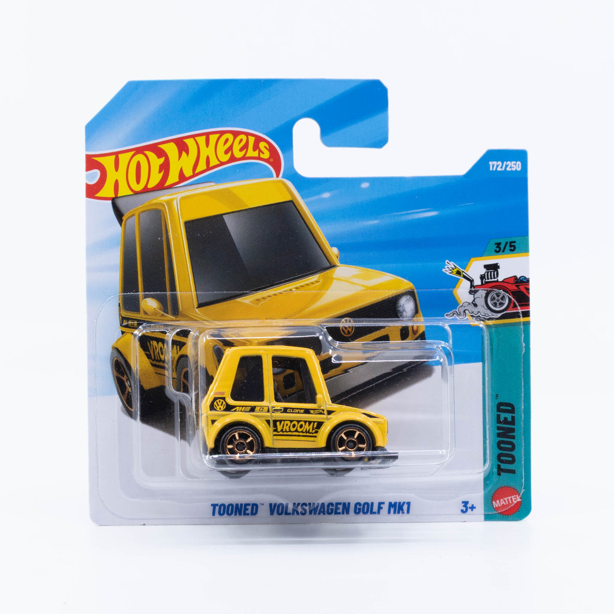 Hot Wheels Tooned Volkswagen Golf Mk1 with exaggerated proportions in detailed 1:64 scale.