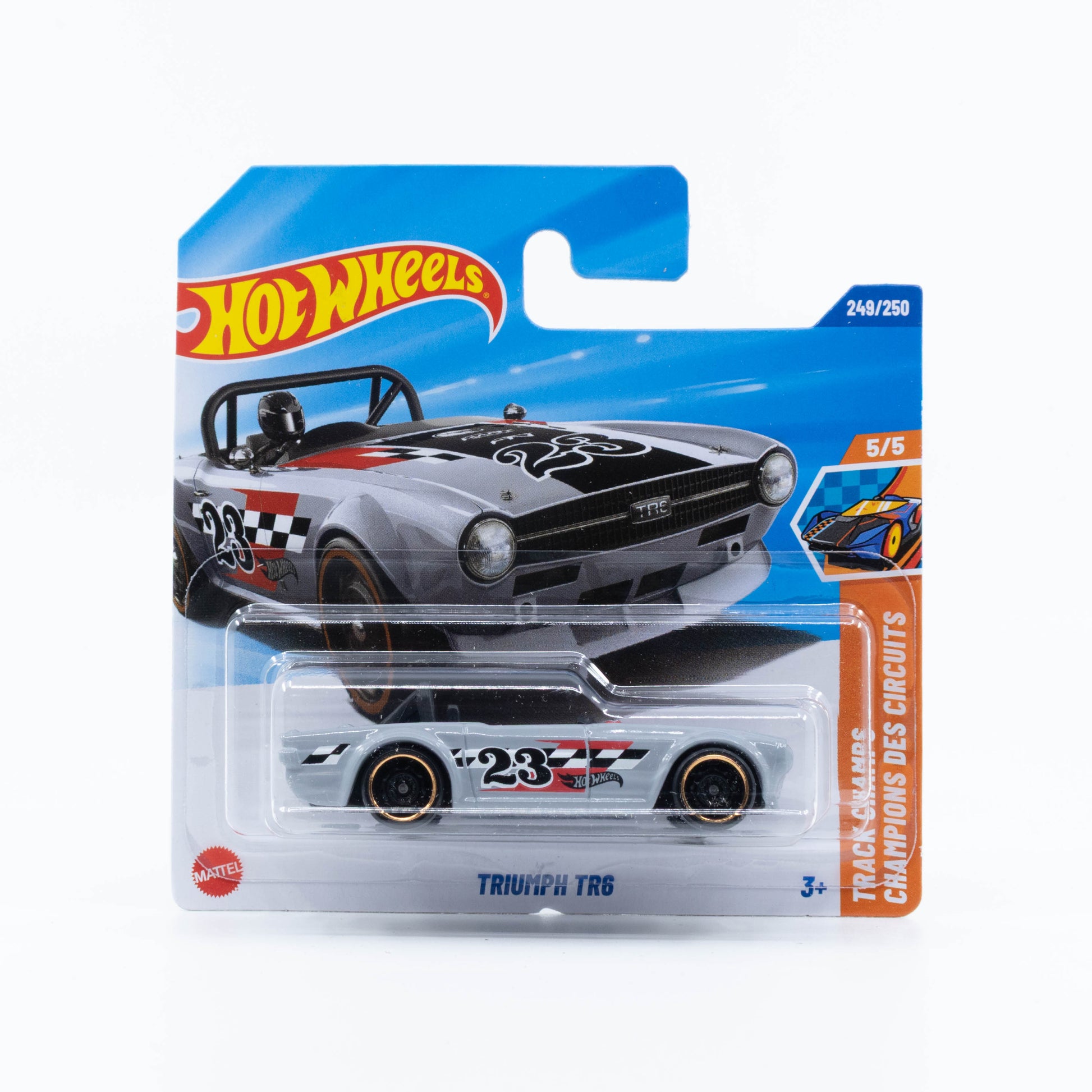 Hot Wheels Triumph TR6 diecast car in 1:64 scale, classic British roadster collectible.