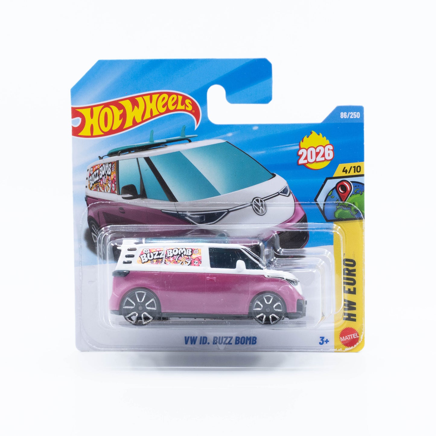 Hot Wheels 2026 Basic VW ID. Buzz Bomb pink and white surf van with roof surfboards 1:64