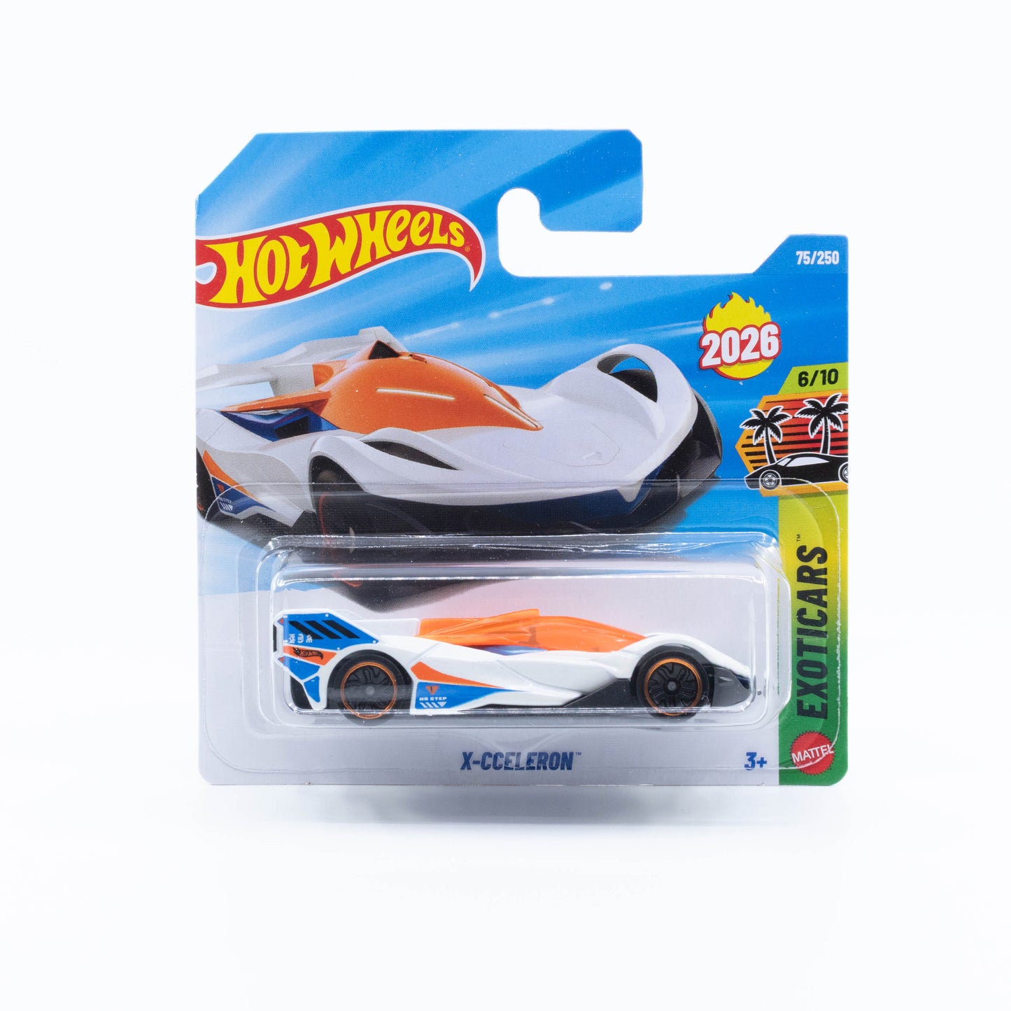 Hot Wheels 2026 Basic X-Cceleron white futuristic racer with blue and orange accents 1:64