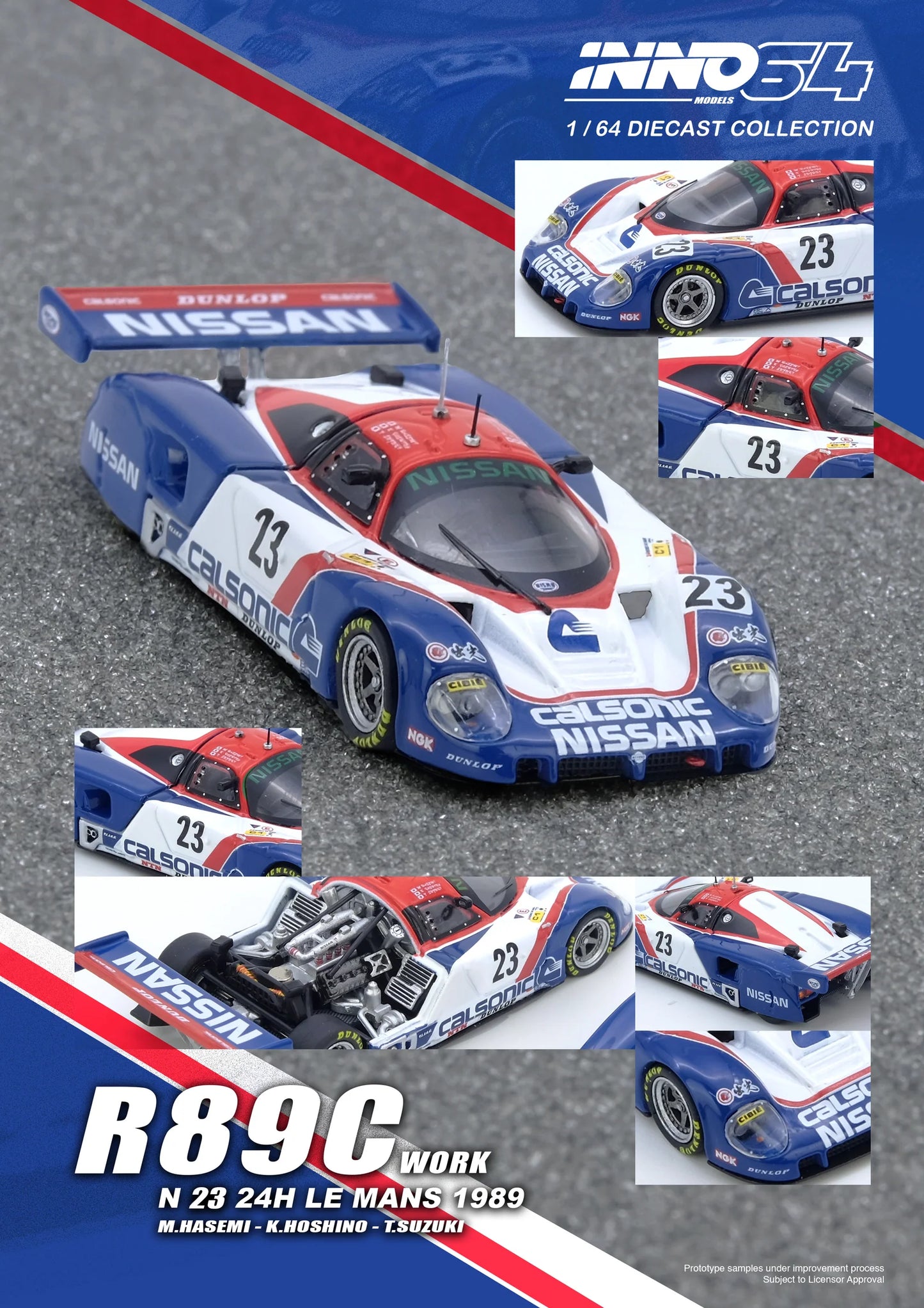 1:64 INNO64 model of the 1989 Nissan R89C #23 Le Mans race car with full livery, driven by Hasemi, Hoshino, and Suzuki.