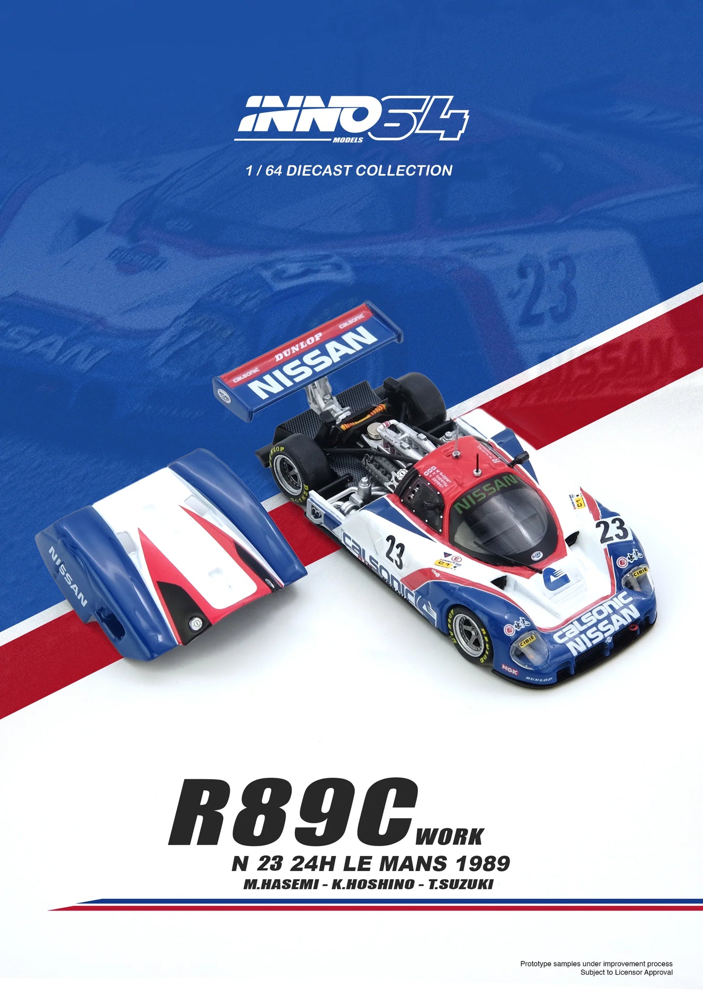 1:64 INNO64 model of the 1989 Nissan R89C #23 Le Mans race car with full livery, driven by Hasemi, Hoshino, and Suzuki. Top