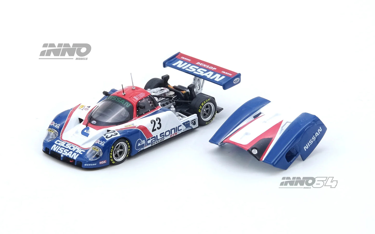 1:64 INNO64 model of the 1989 Nissan R89C #23 Le Mans race car with full livery, driven by Hasemi, Hoshino, and Suzuki. Engine Cover open