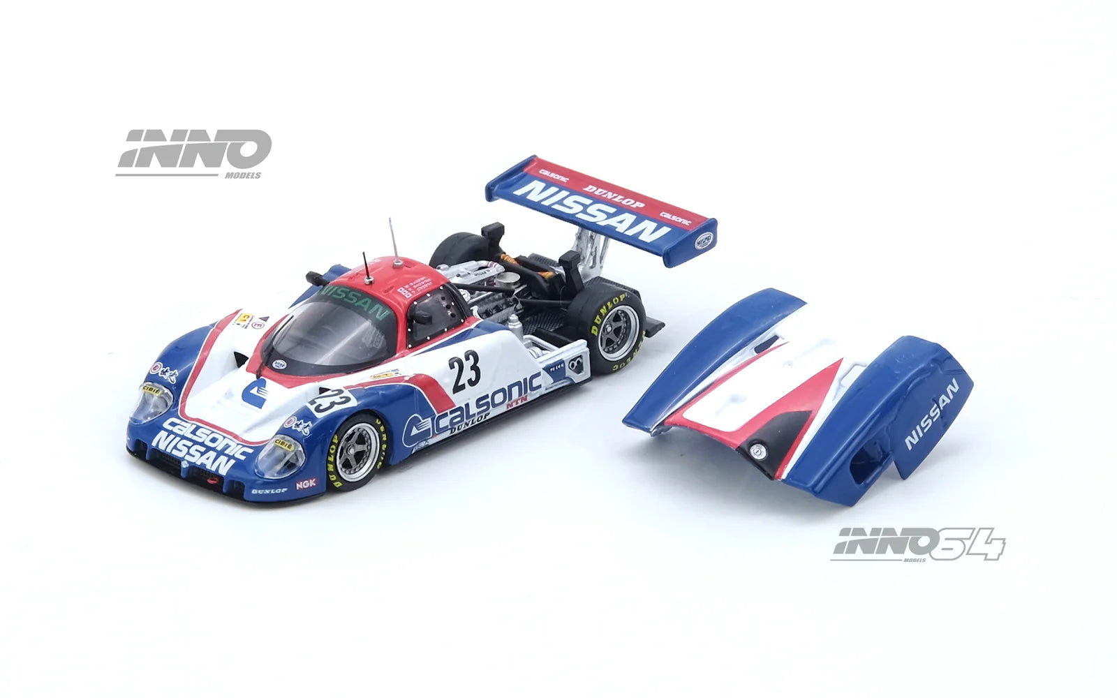 1:64 INNO64 model of the 1989 Nissan R89C #23 Le Mans race car with full livery, driven by Hasemi, Hoshino, and Suzuki. Engine Cover open