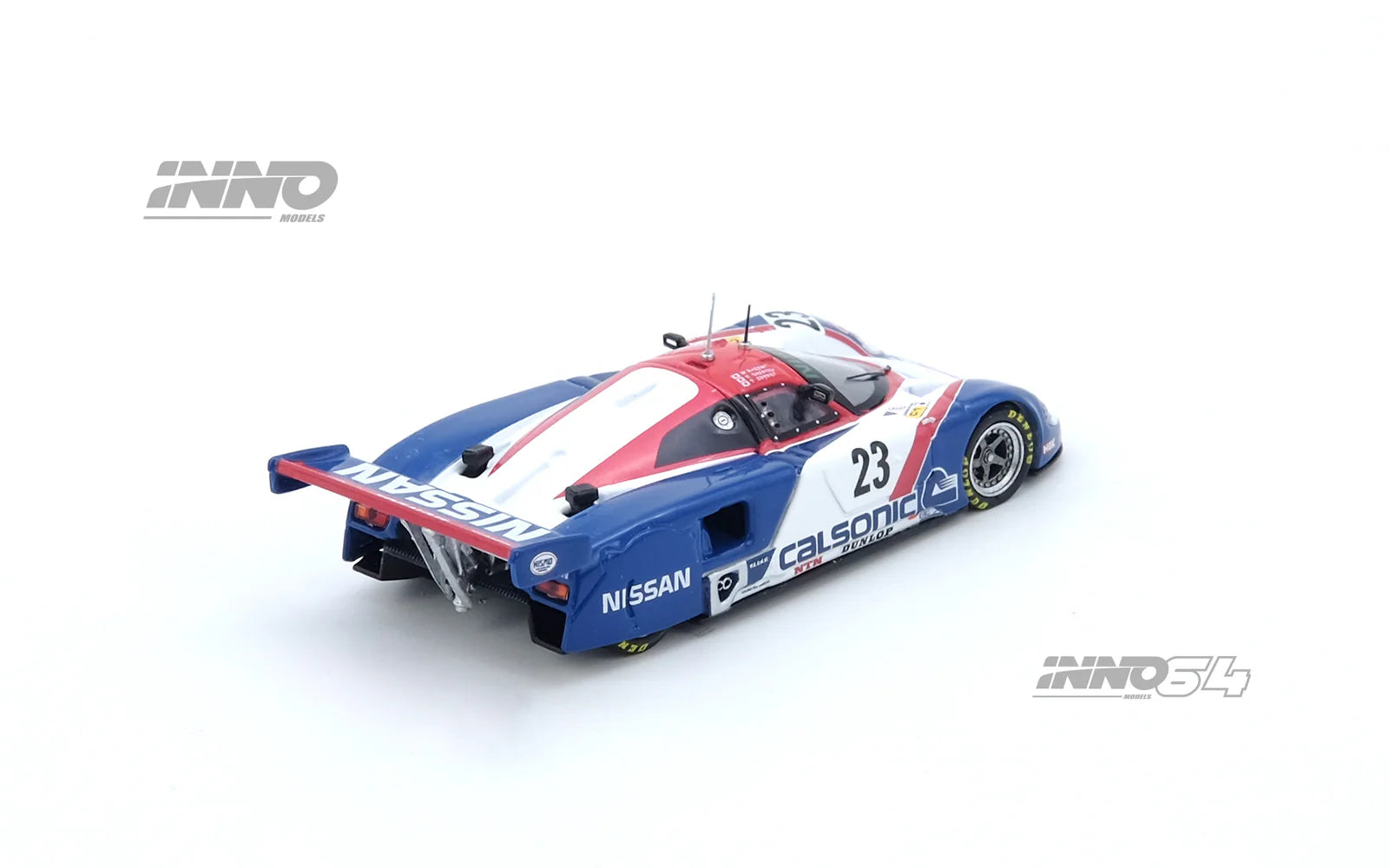 1:64 INNO64 model of the 1989 Nissan R89C #23 Le Mans race car with full livery, driven by Hasemi, Hoshino, and Suzuki. Back