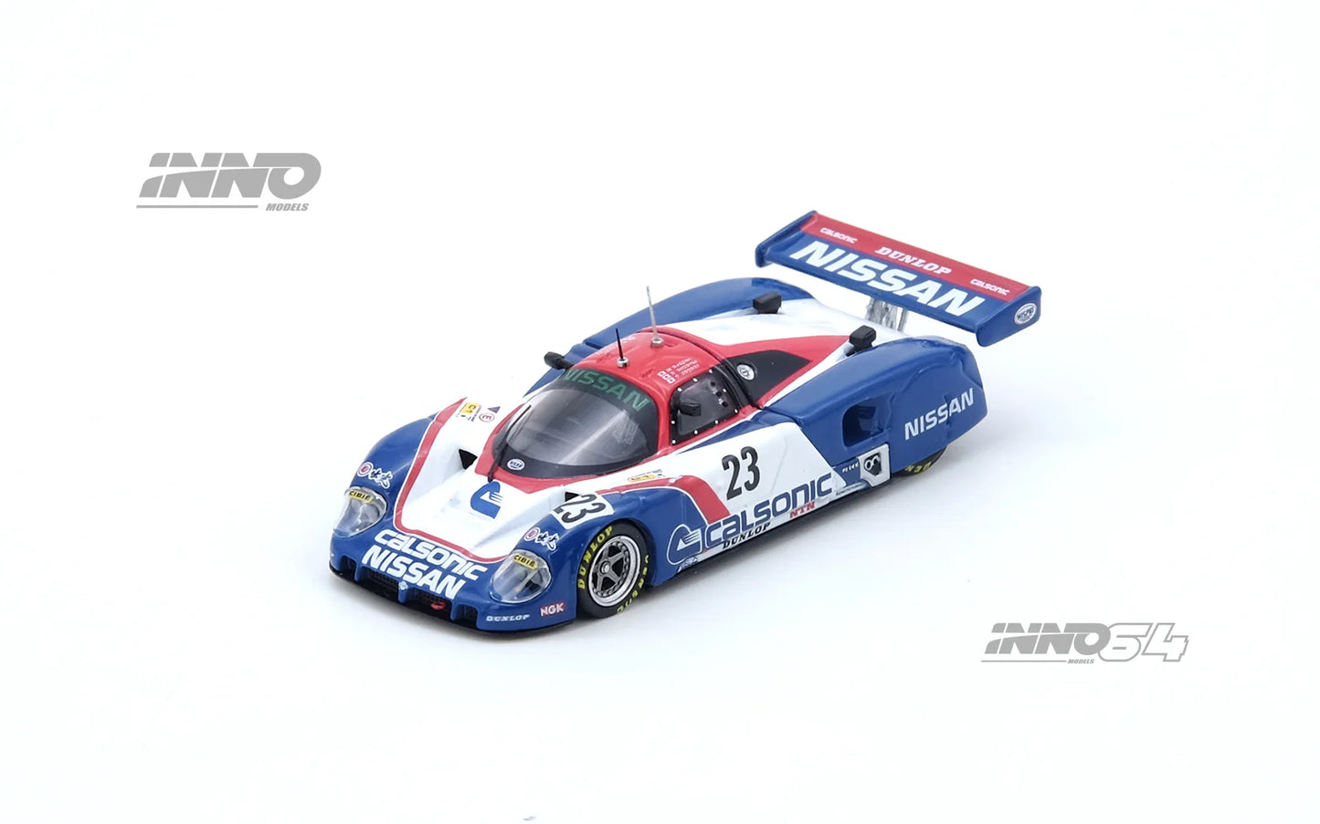 1:64 INNO64 model of the 1989 Nissan R89C #23 Le Mans race car with full livery, driven by Hasemi, Hoshino, and Suzuki. Front 2