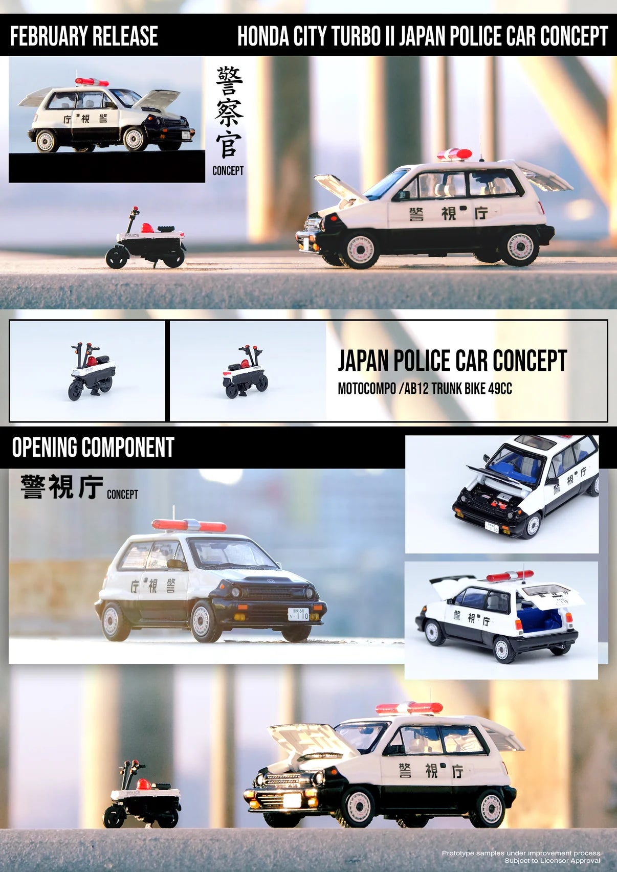 (Pre-Order) INNO64 - Honda City Turbo II Japan Police Car Concept W- Motocompo - AB12 Trunk Bike 49cc