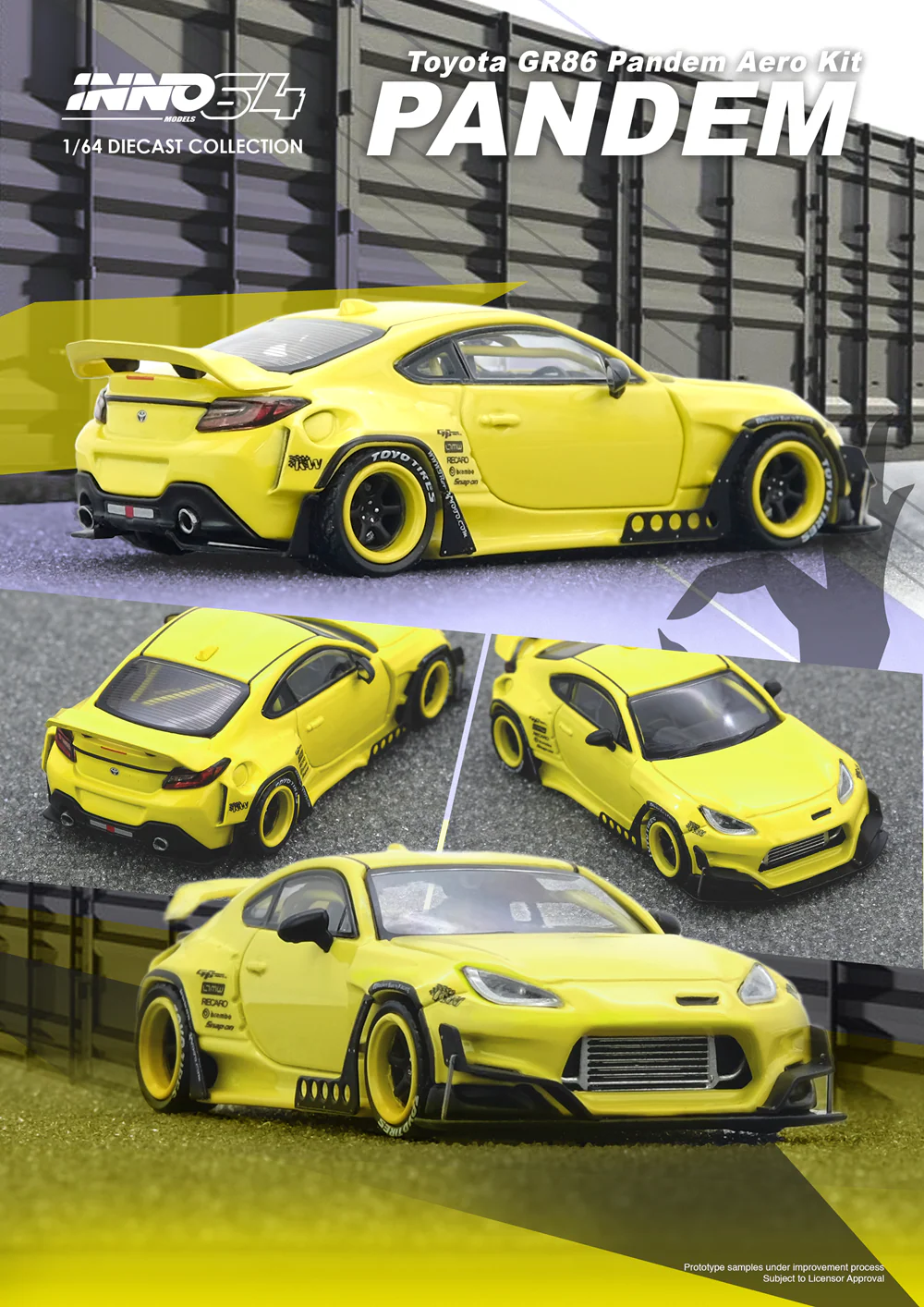 1:64 scale INNO64 Toyota GT86 with Pandem Aero Kit in yellow, featuring widebody fenders and detailed tuner-style accents.