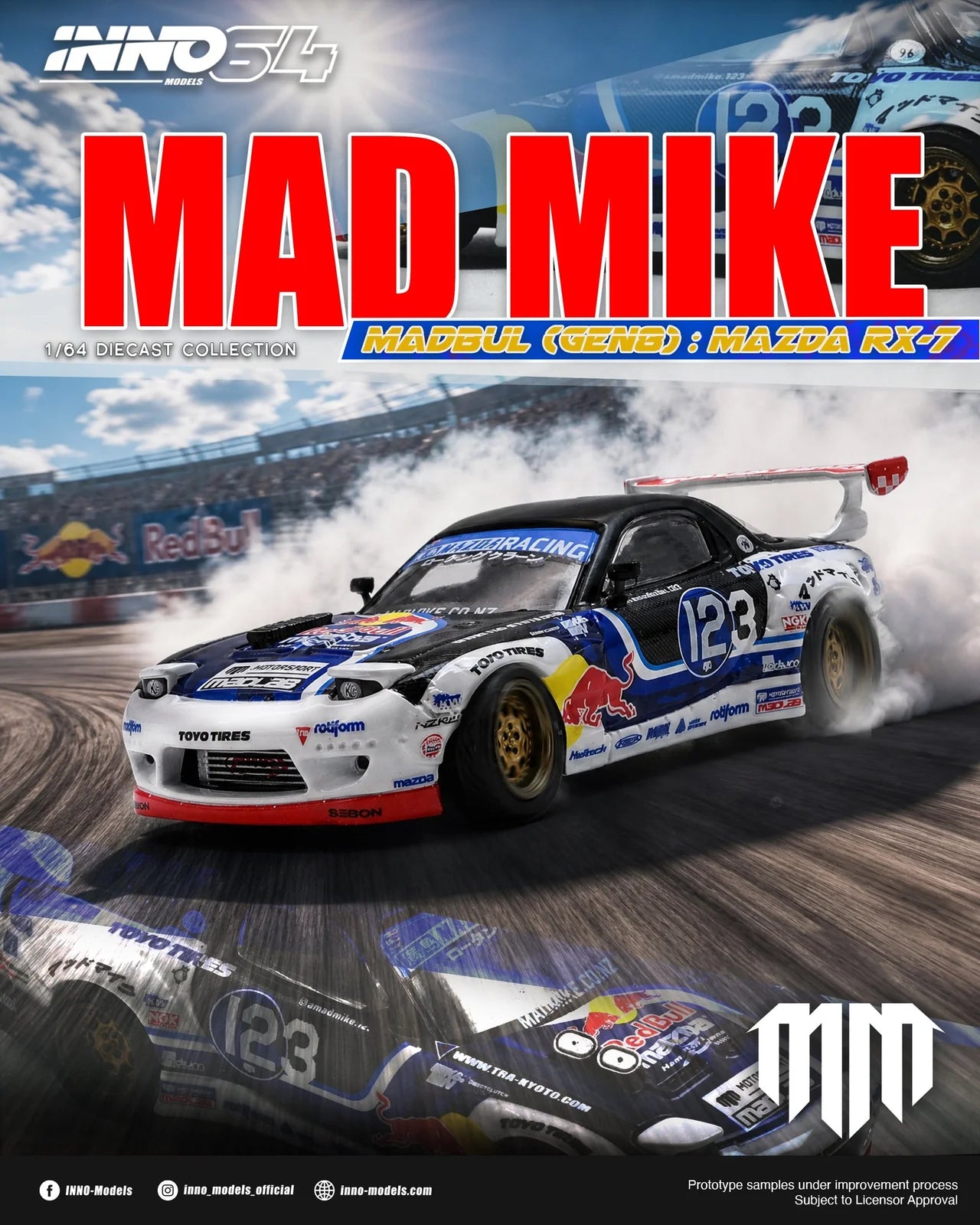 INNO64 Mazda RX-7 FD3S MADBUL Gen8 Mad Mike drift car 1:64 diecast