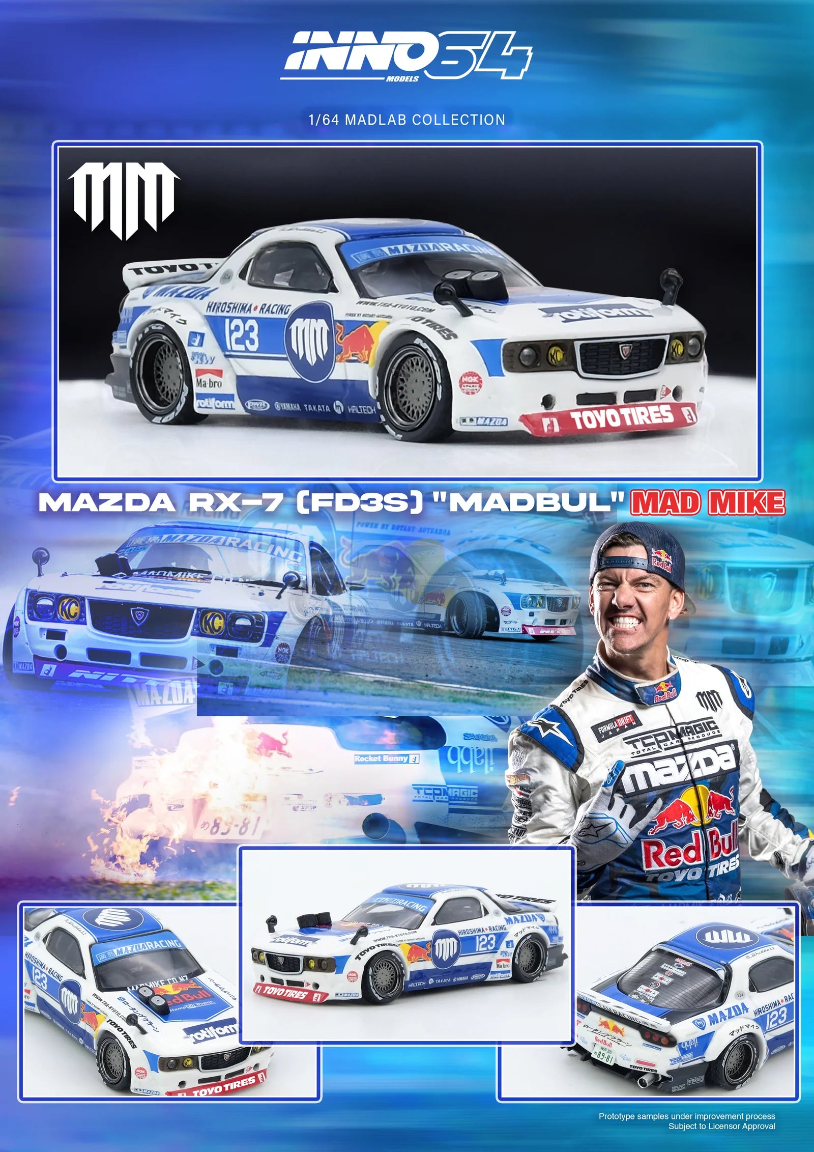 1:64 INNO64 Mazda RX-7 (FD3S) with Pandem Rocket Bunny kit in Madbul livery – Madlab Collection 001 model.