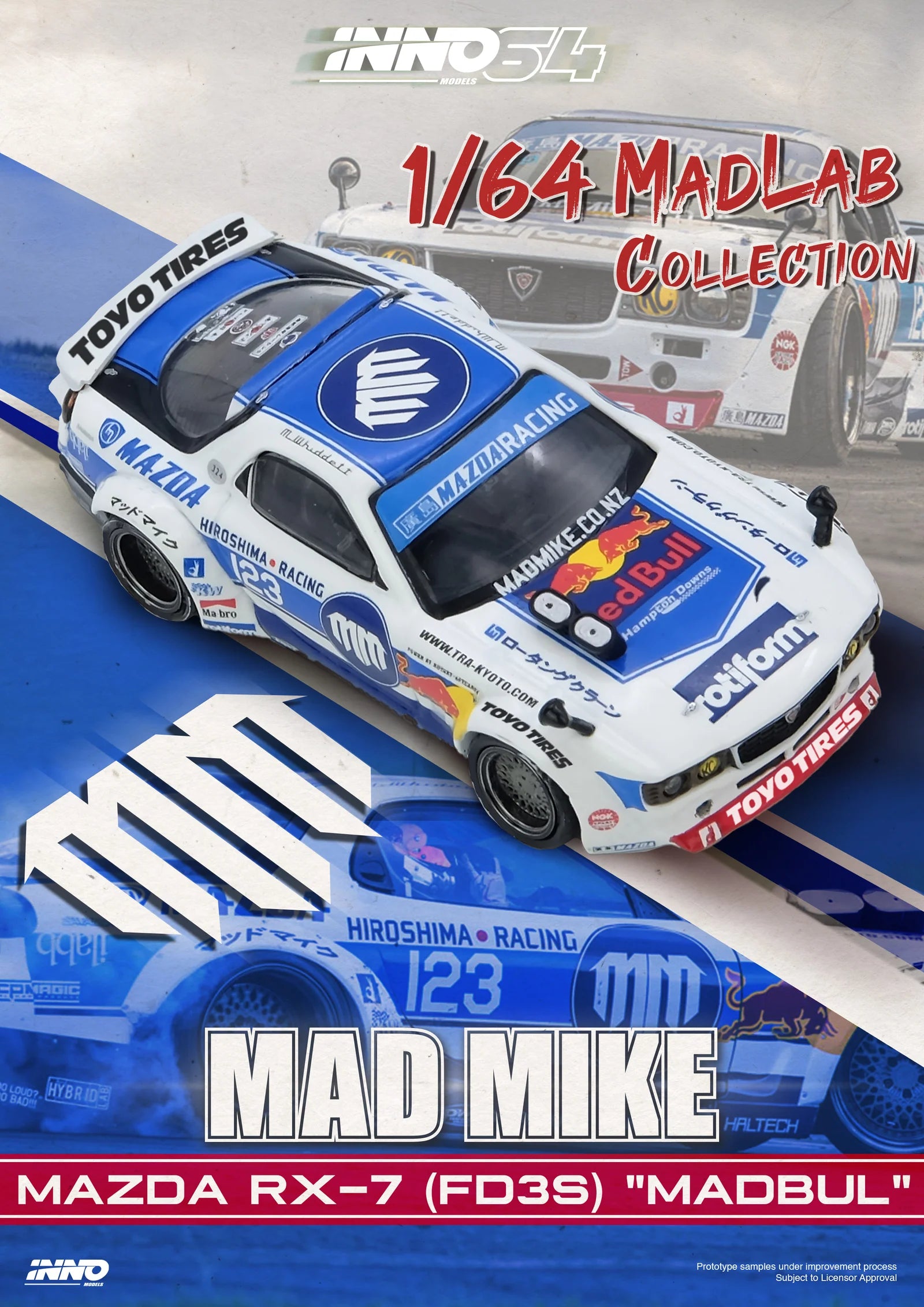 1:64 INNO64 Mazda RX-7 (FD3S) with Pandem Rocket Bunny kit in Madbul livery – Madlab Collection 001 model. Top