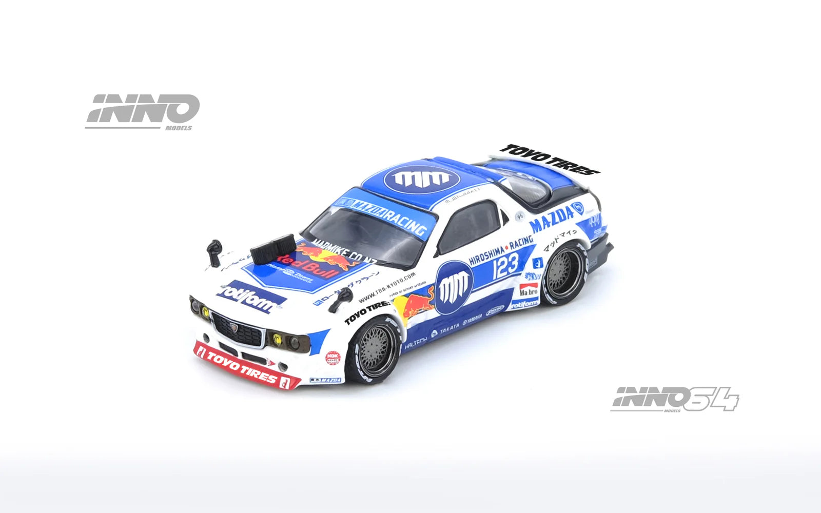 1:64 INNO64 Mazda RX-7 (FD3S) with Pandem Rocket Bunny kit in Madbul livery – Madlab Collection 001 model. Front