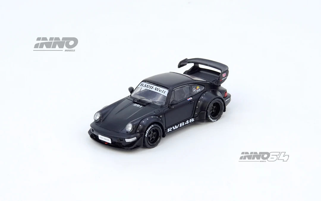INNO64 1:64 RWB 964 black widebody Porsche 911 diecast model. Front