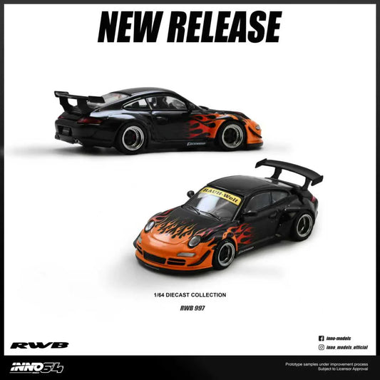 INNO64 1:64 RWB Porsche 997 Orange Burning Flame with new tooling and widebody styling.