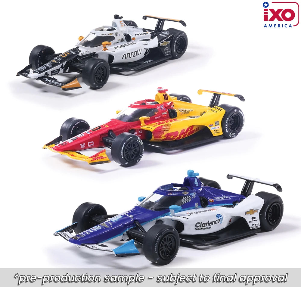 IXO America 2025 Indianapolis 500 Victory Row set featuring podium finishers Palou, Malukas and O'Ward.