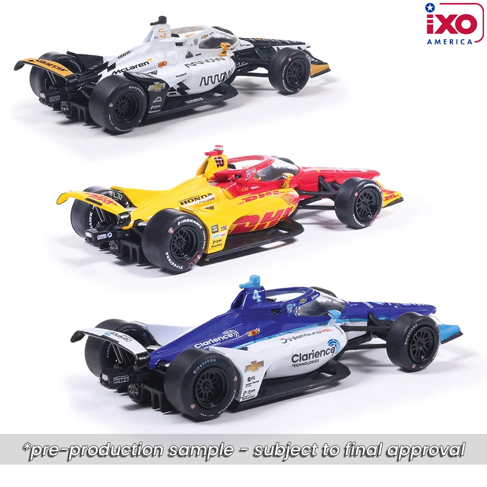 IXO America 2025 Indianapolis 500 Victory Row set featuring podium finishers Palou, Malukas and O'Ward.
