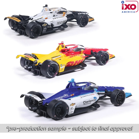 IXO America 2025 Indianapolis 500 Victory Row set featuring podium finishers Palou, Malukas and O'Ward.
