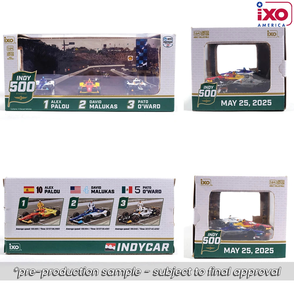 IXO America 2025 Indianapolis 500 Victory Row set featuring podium finishers Palou, Malukas and O'Ward.
