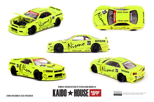 1:64 Kaido*House Nissan Skyline GT-R R34 Kaido Works V4 – fluorescent yellow Nismo script #23 die-cast model.