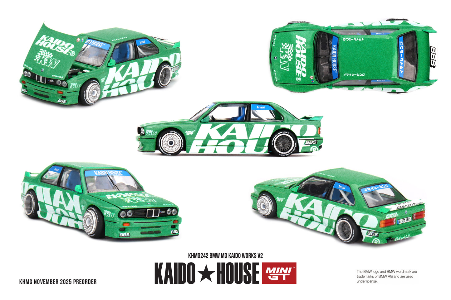 1:64 Kaido*House BMW M3 E30 Kaido Works V2 Green – die-cast model with opening hood and Kaido graphics.