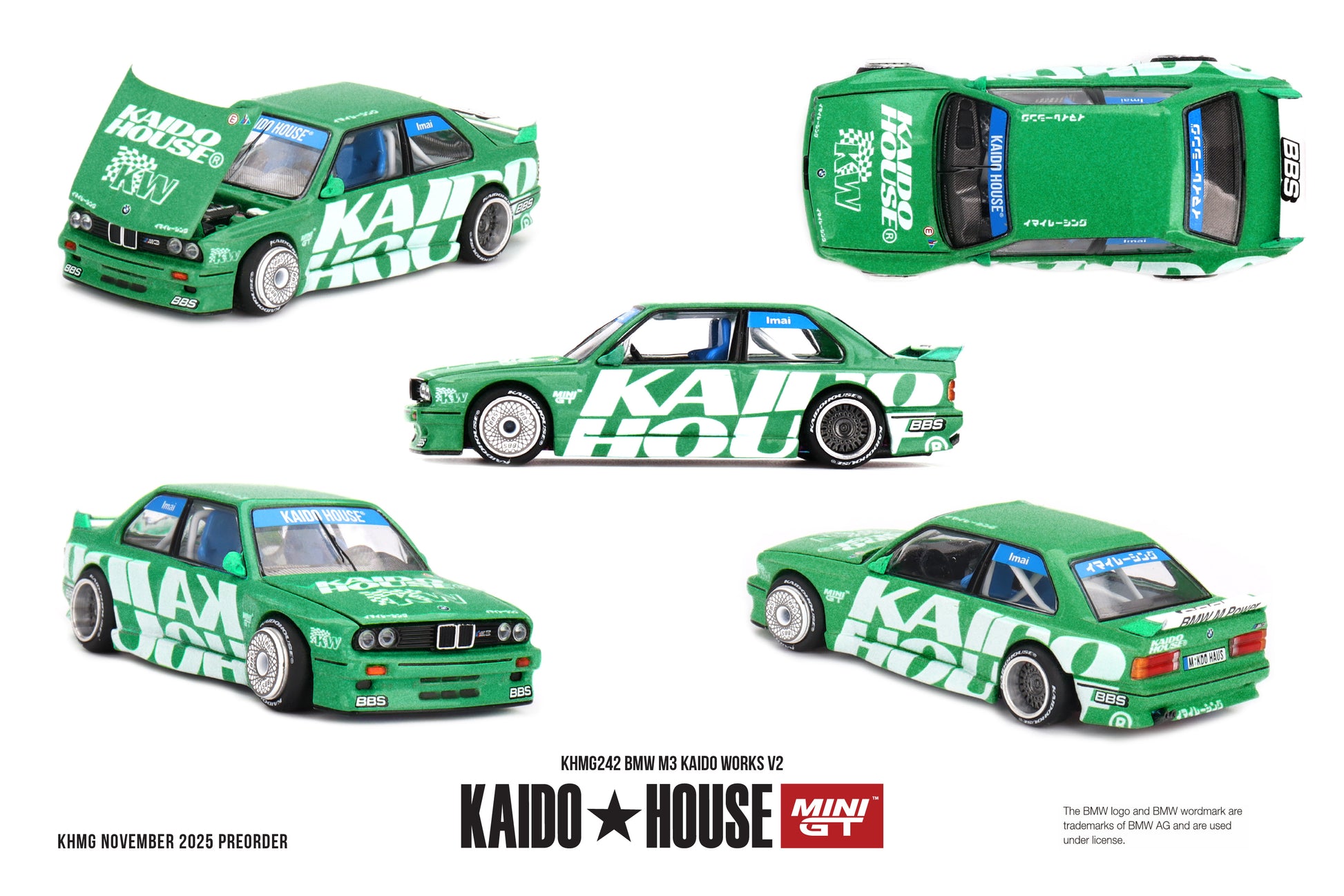1:64 Kaido*House BMW M3 E30 Kaido Works V2 Green – die-cast model with opening hood and Kaido graphics.