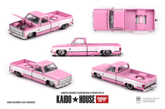 Kaido*House 1:64 Chevrolet Silverado Dually Vintage SPEC V2 1980 pink with white accents custom truck.