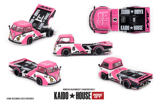 Kaido*House 1:64 Volkswagen T1 Kaido RAD VAN V1 1972 pink custom van with white accents.